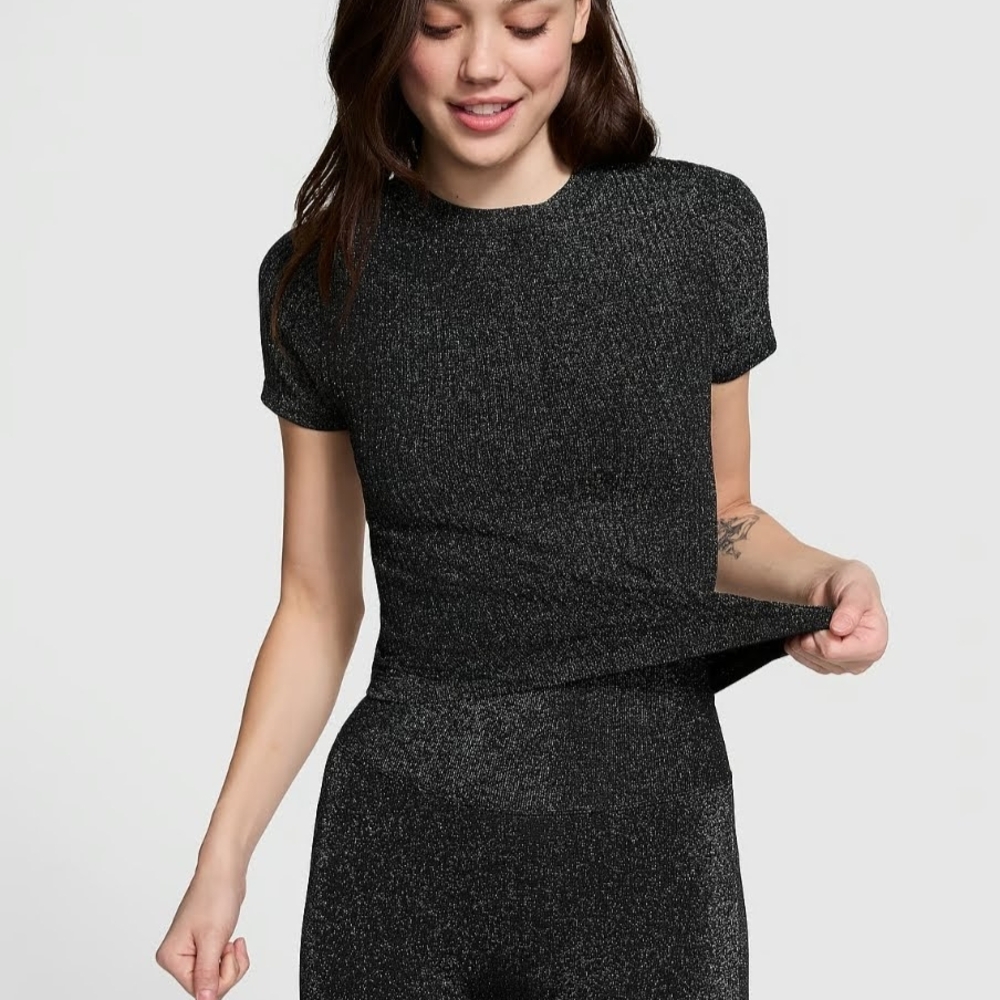 💥PINK Victoria's Secret Black Shimmer Top And Leggings Med💥